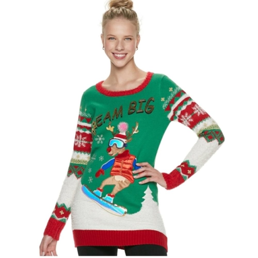 "Dream Big" NWT Ugly Christmas Snowboard Tunic Sweater XS S XL